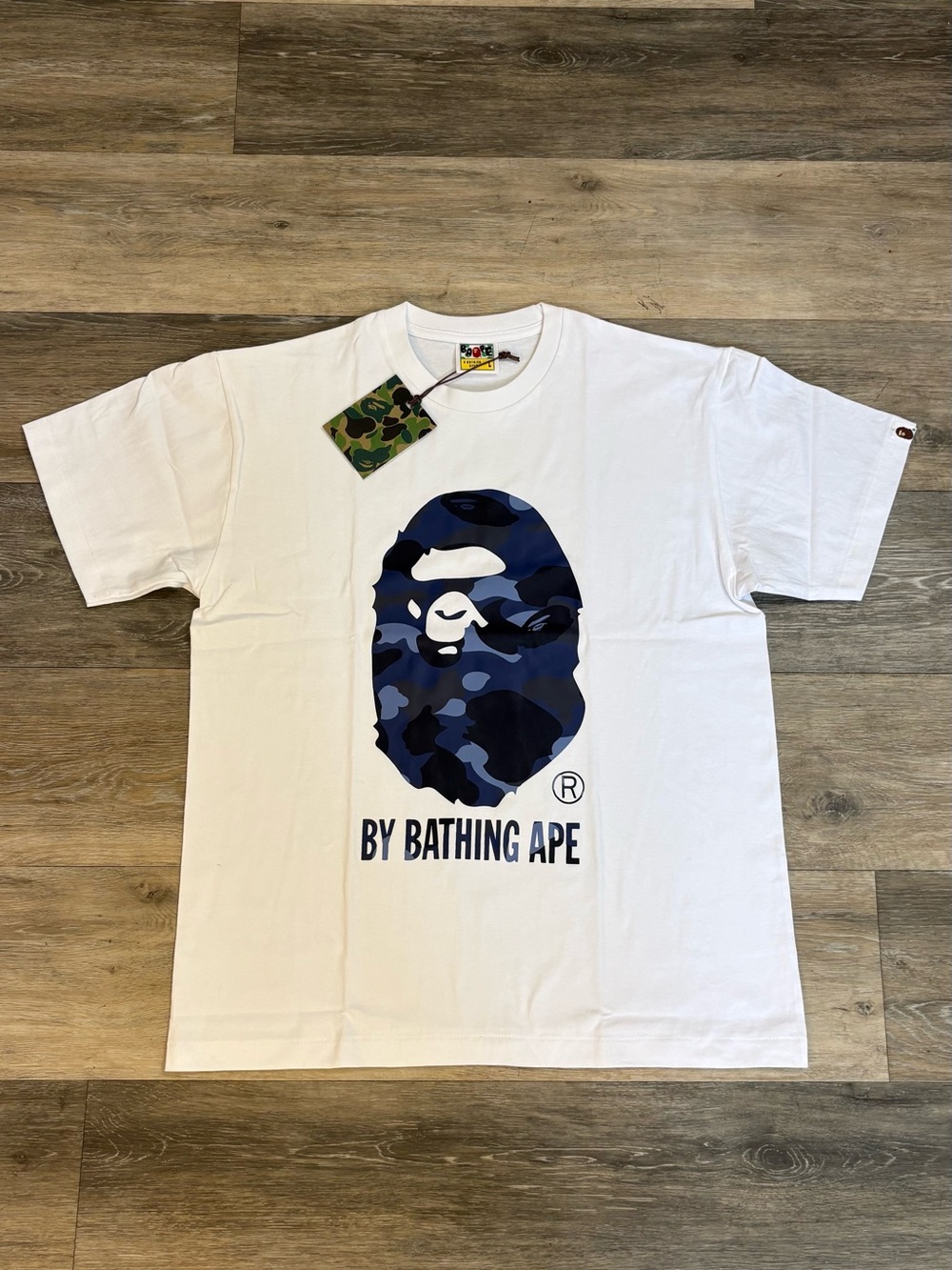 Bape White Tee with Blue Camo Ape Head